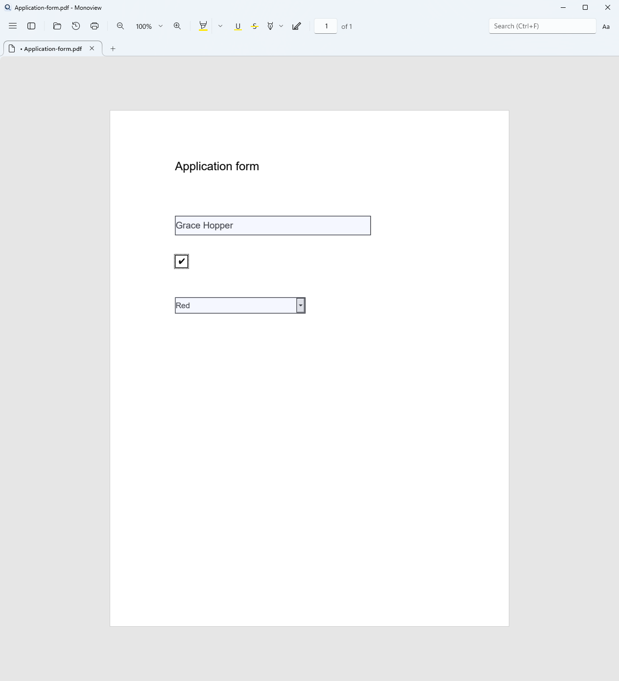A form with a filled text field, a ticked check box and a drop-down