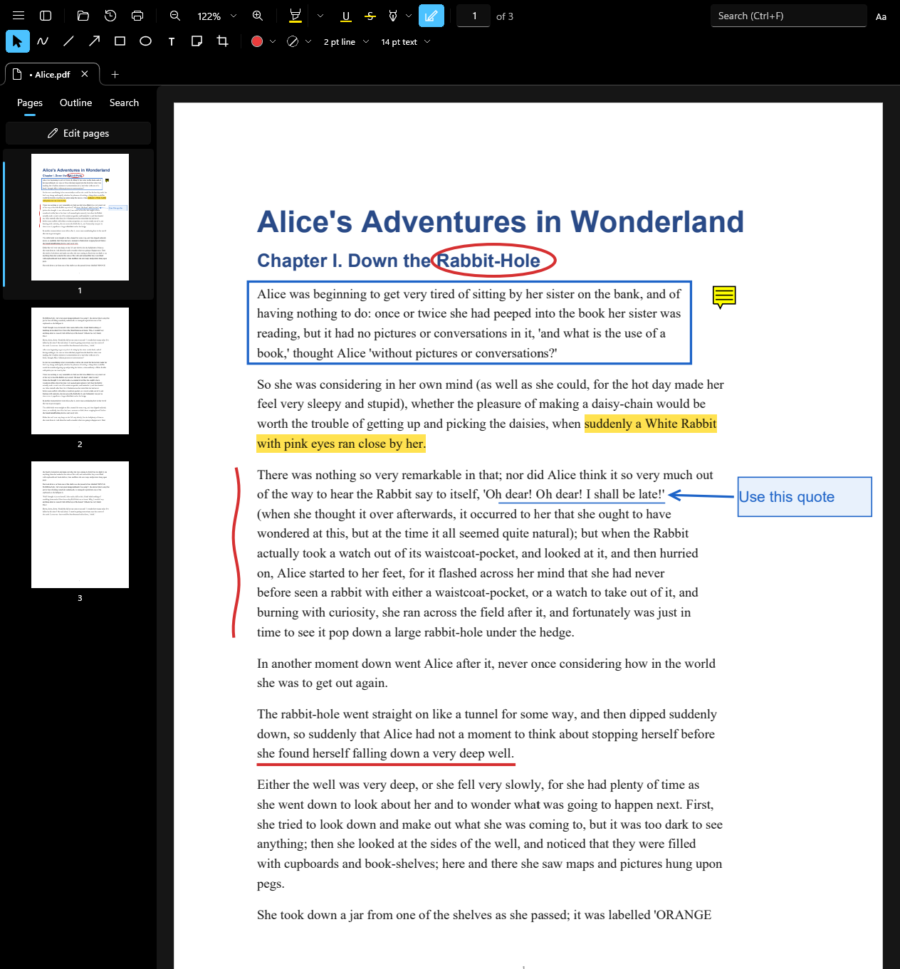 The markup bar with shapes, ink, a note and a text box