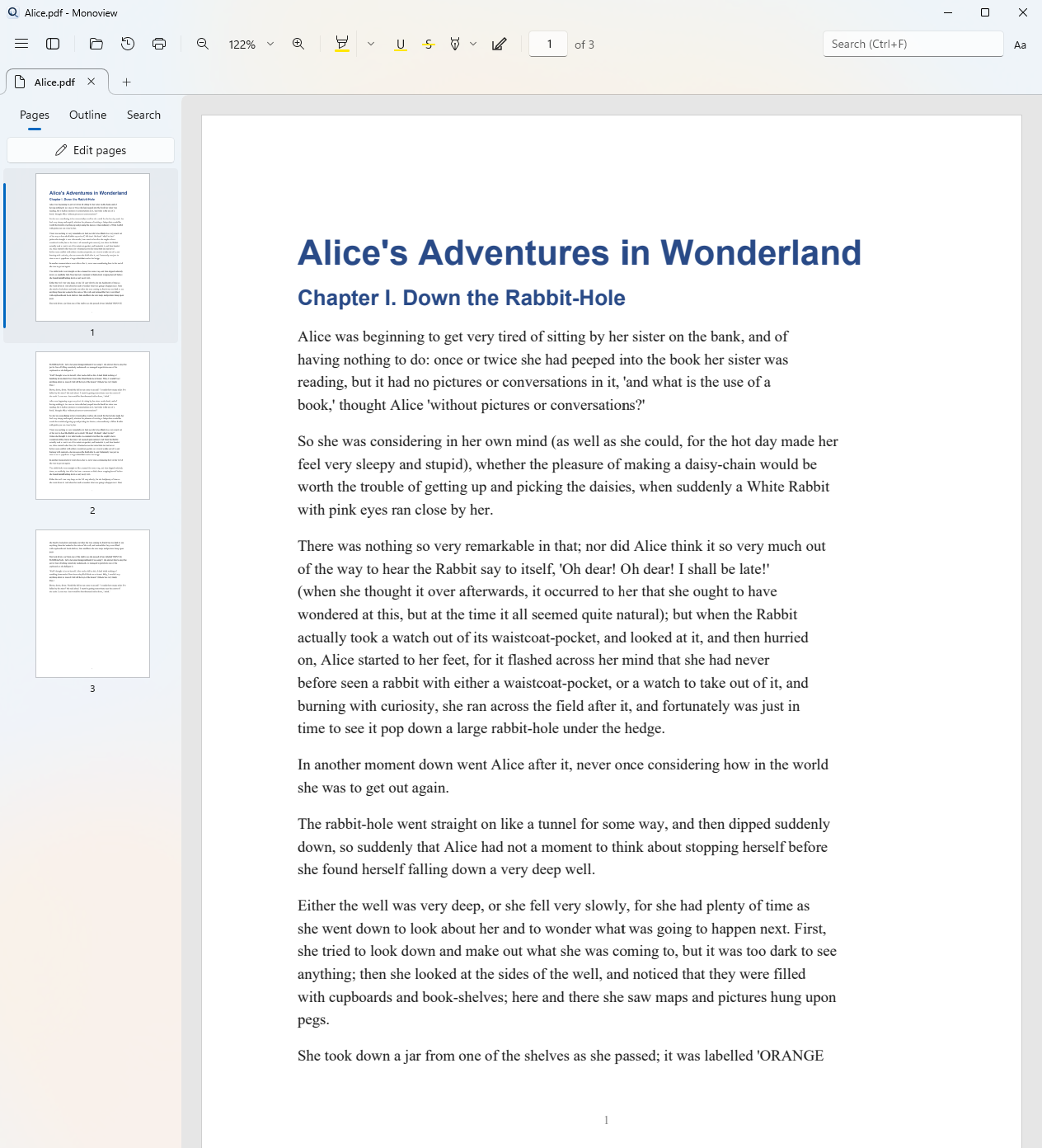 Monoview showing a book chapter with the page sidebar open